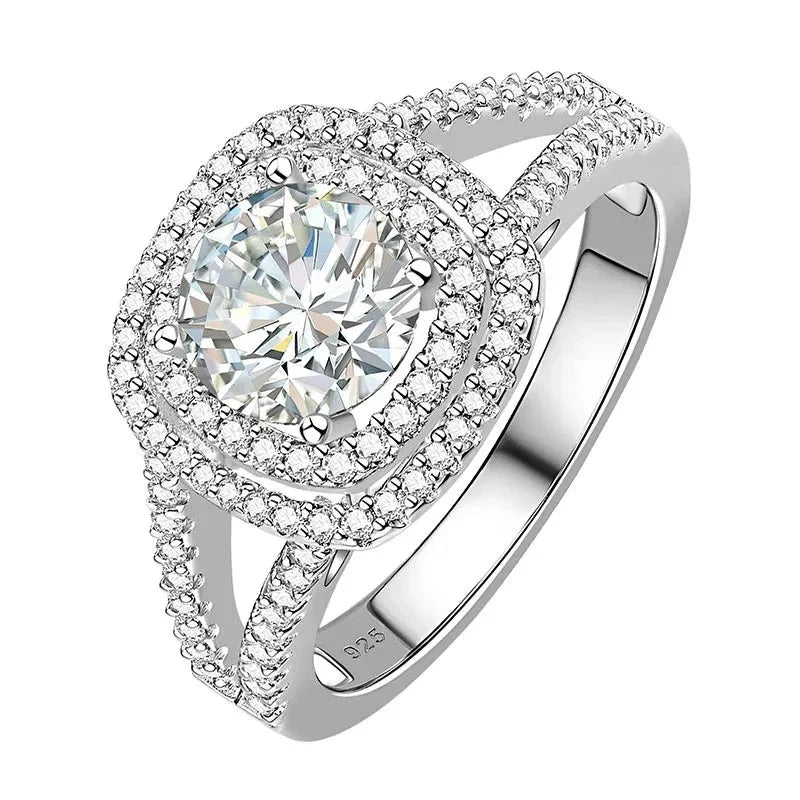 Round Cut Diamond Double Halo Split Shank Engagement Ring