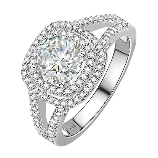 Round Cut Diamond Double Halo Split Shank Engagement Ring