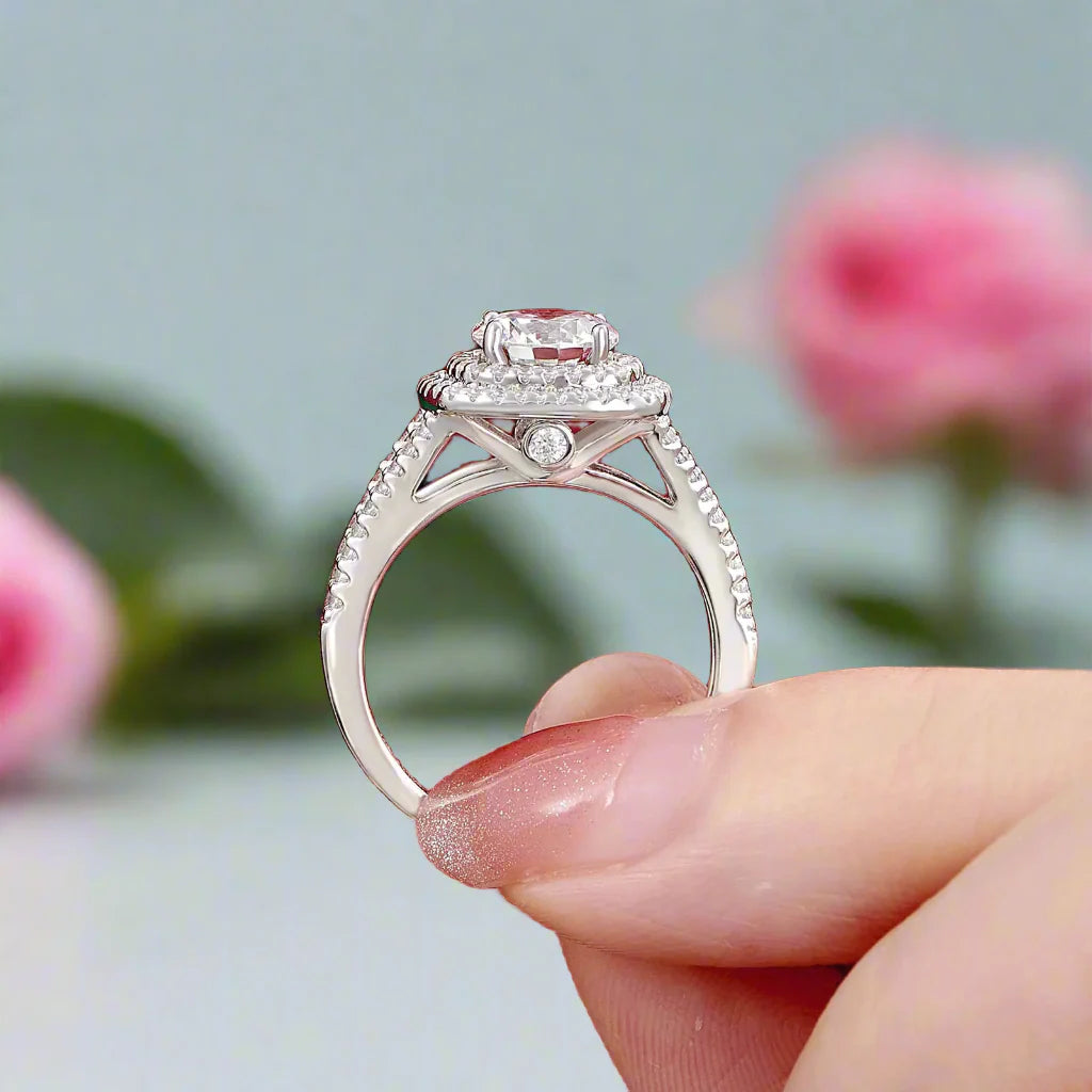 Round Cut Diamond Double Halo Split Shank Engagement Ring