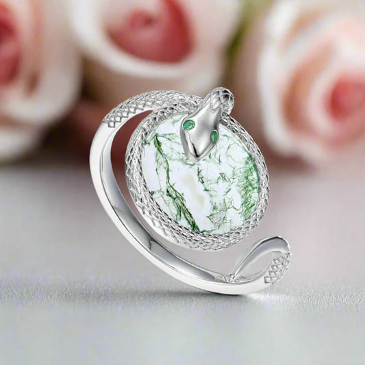 Round Cut Moss Agate Engagement Ring