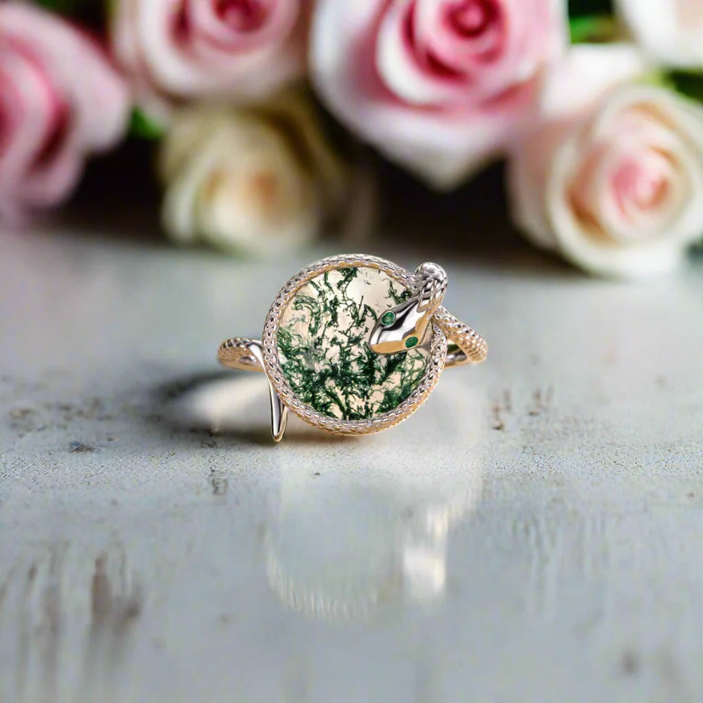 Round Cut Moss Agate Engagement Ring