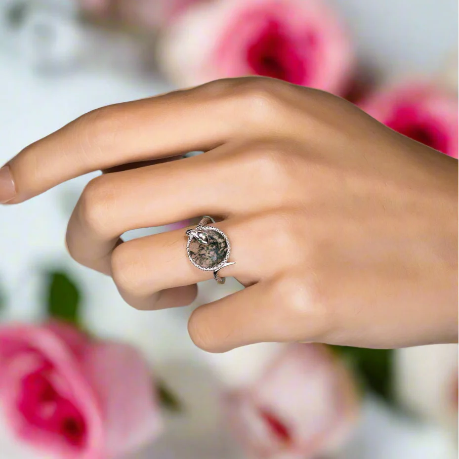 Round Cut Moss Agate Engagement Ring