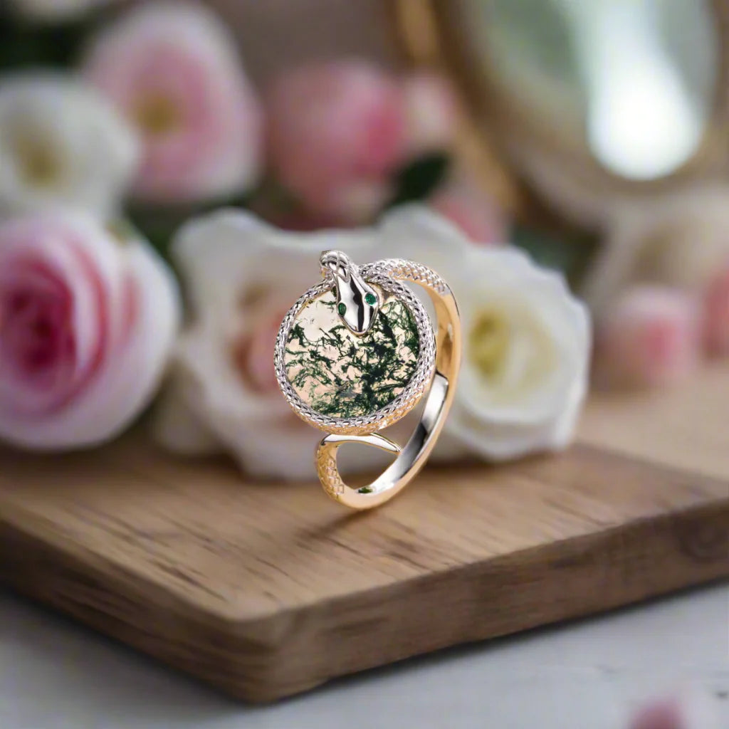 Round Cut Moss Agate Engagement Ring