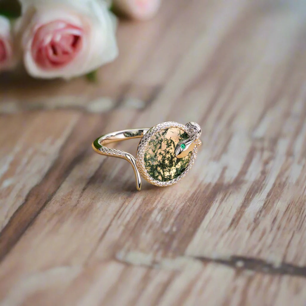 Round Cut Moss Agate Engagement Ring