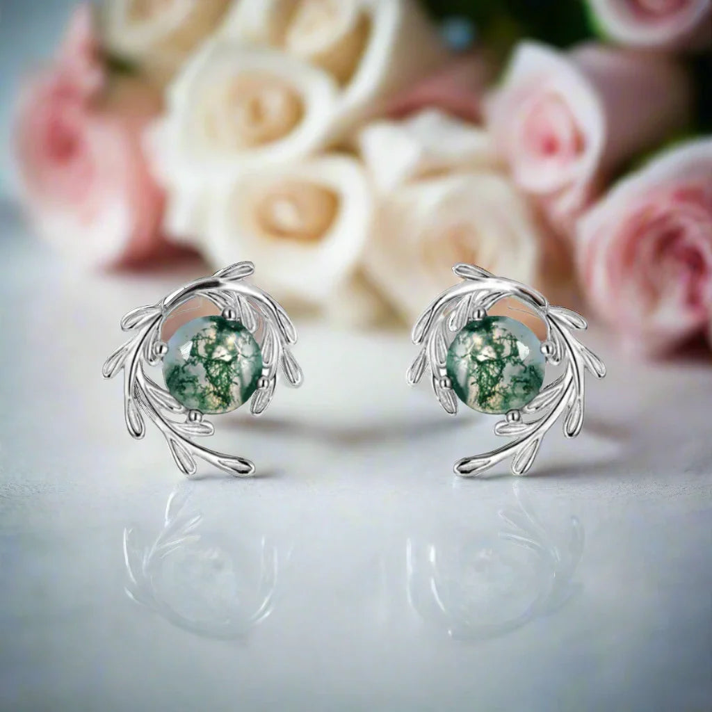 Round Cut Moss Agate Stud Earrings