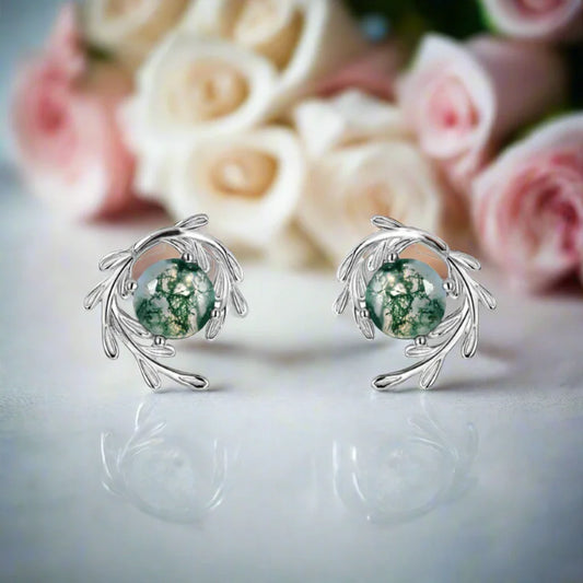 Round Cut Moss Agate Stud Earrings