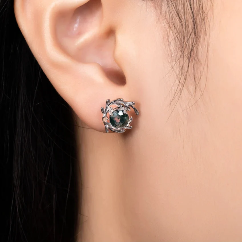 Round Cut Moss Agate Stud Earrings