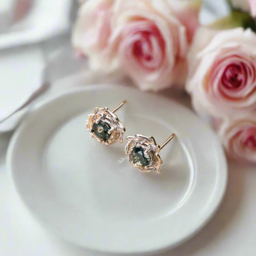 Round Cut Moss Agate Stud Earrings