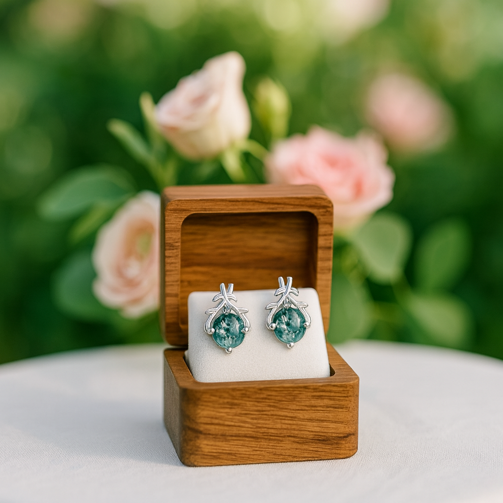 Round Moss Agate Branch Style Stud Earrings