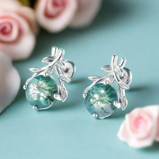 Round Moss Agate Branch Style Stud Earrings