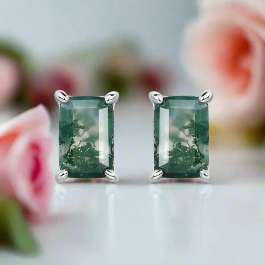 Emerald Cut Moss Agate Stud Earrings