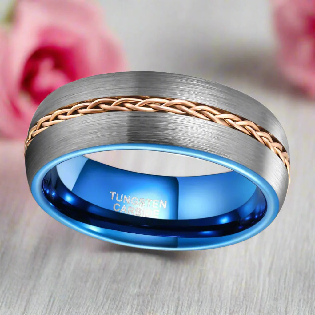 Two-tone Dome Steel Wire Inlay Tungsten Men's Ring