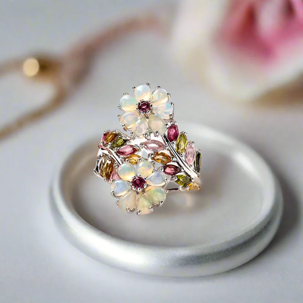 Opal & Tourmaline Gemstone Flower Ring