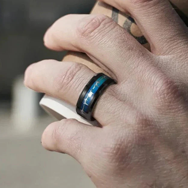 Black Tungsten Carbide Men's Ring with Heart Beat Blue Inlay