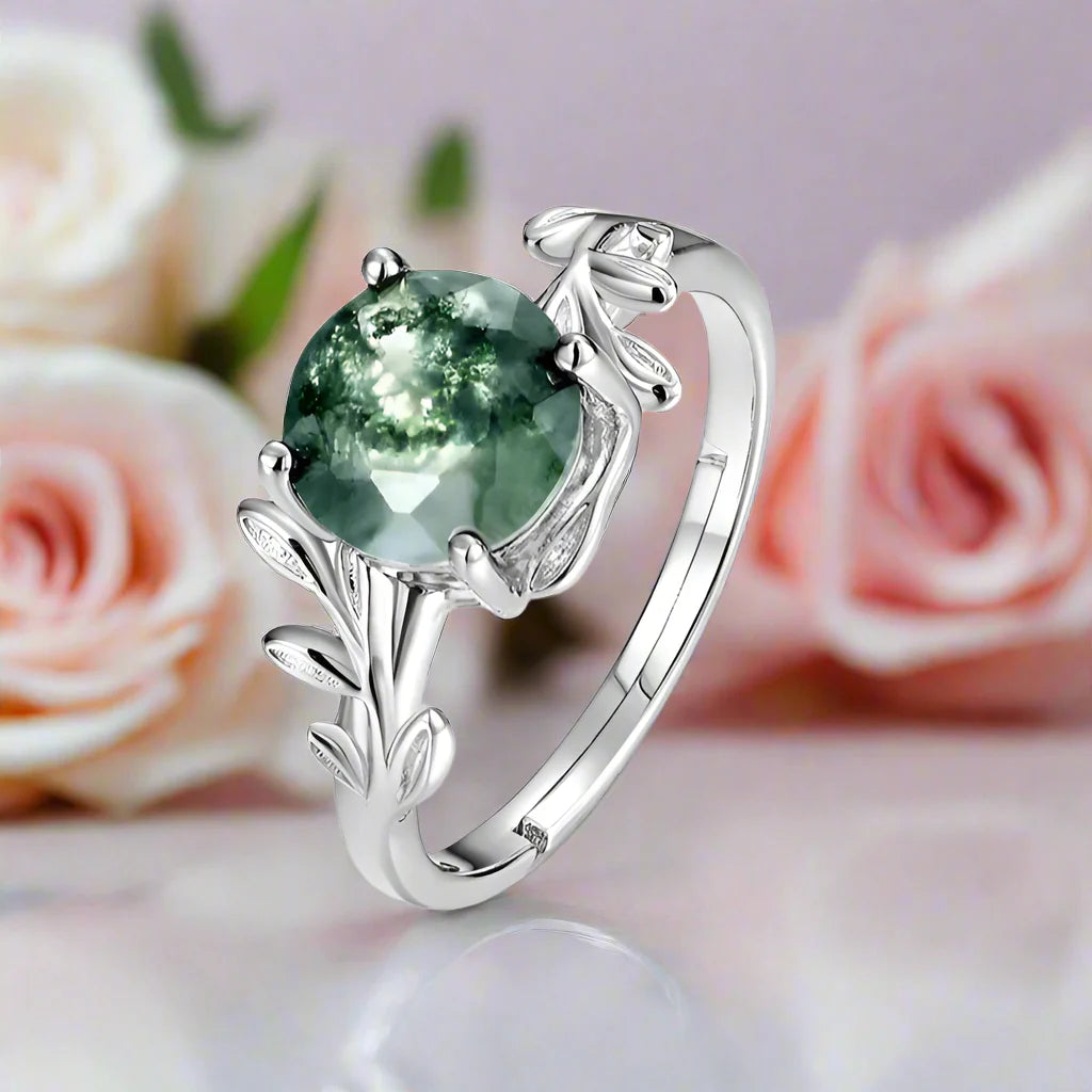 Unique Olive Branch Moss Agate Natural Adjustable Promise Ring