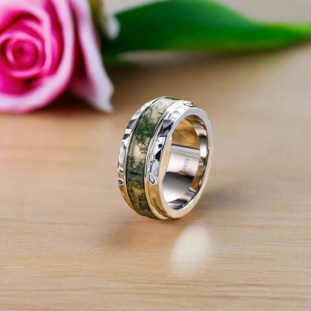 Moss Agate Hammered Wedding Band
