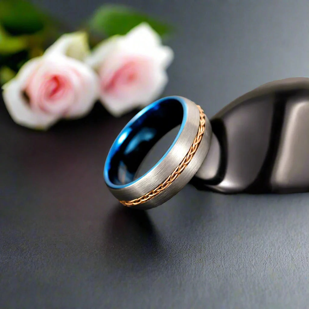 Two-tone Dome Steel Wire Inlay Tungsten Men's Ring