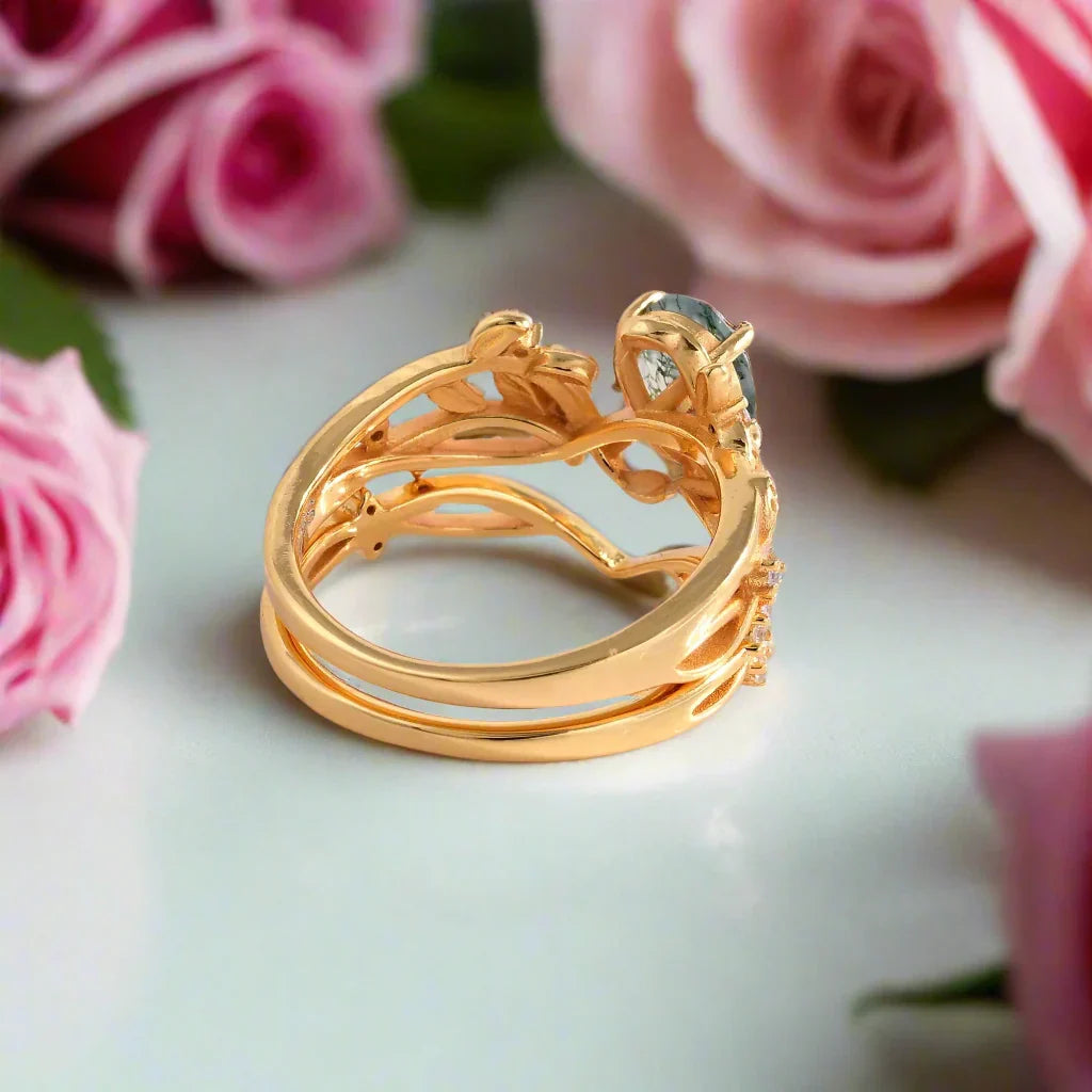 Oval-cut Moss Agate Leaf Design Ring Set