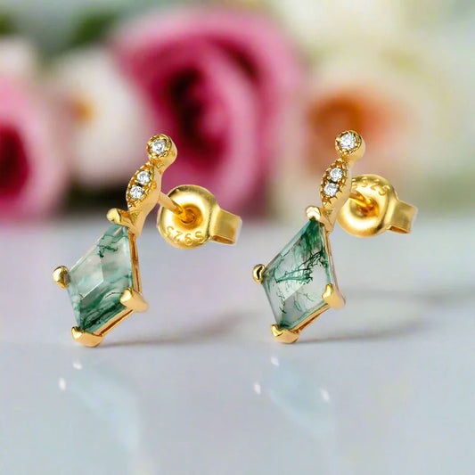 Kite Shaped Moss Agate Yellow Gold Earrings