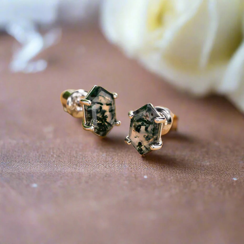 Geometry Cut Moss Agate Stud Earrings
