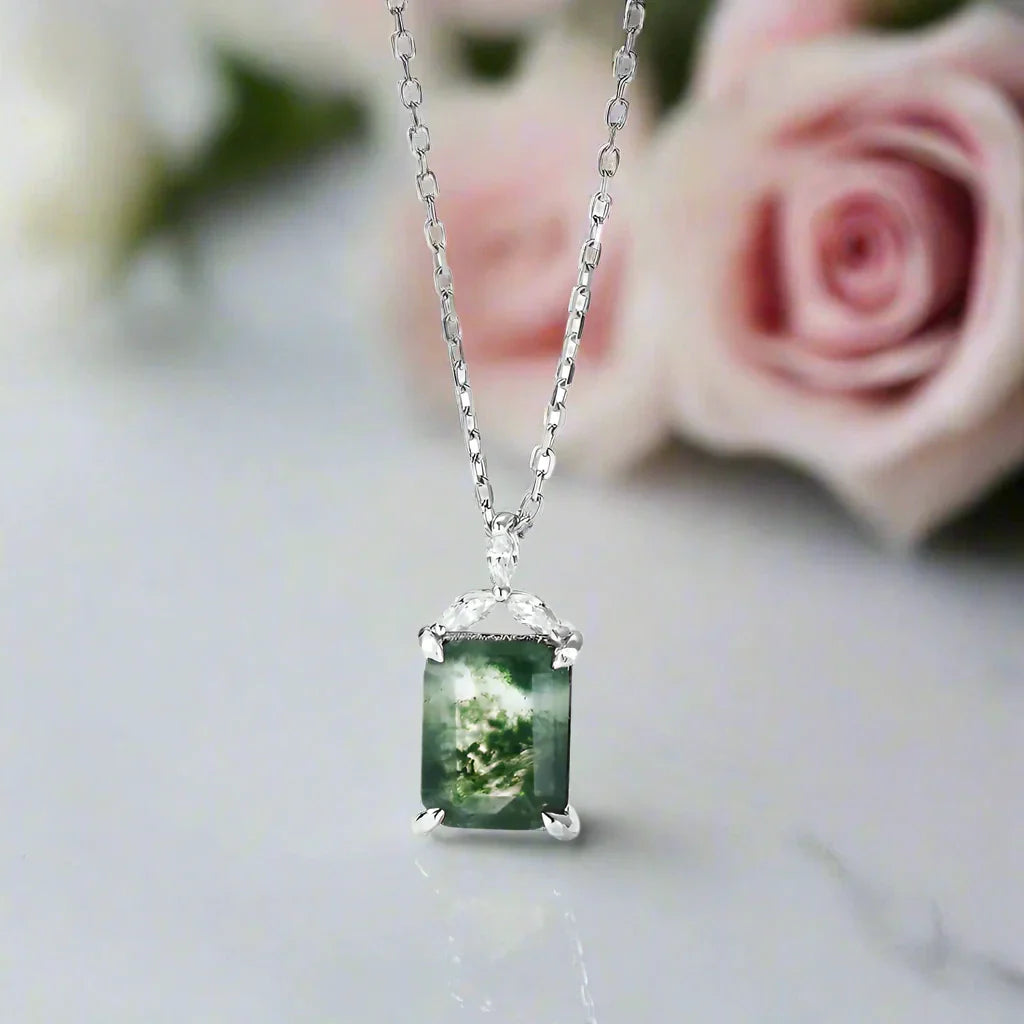 Unique Emerald Cut Natural Moss Agate Jewelry Set