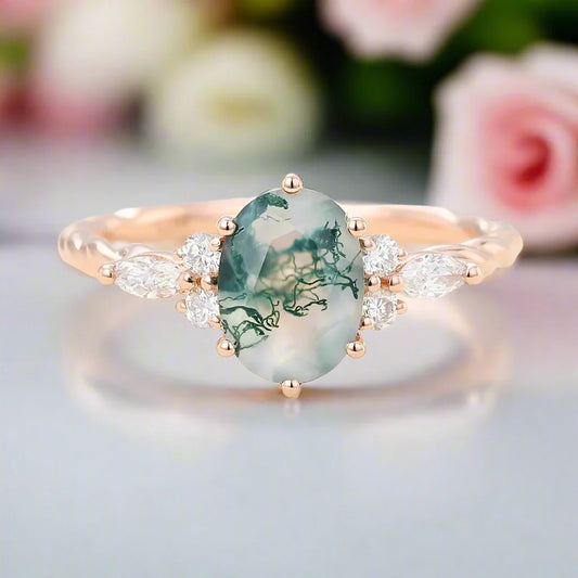 Natural  Oval Moss Agate Promise Ring
