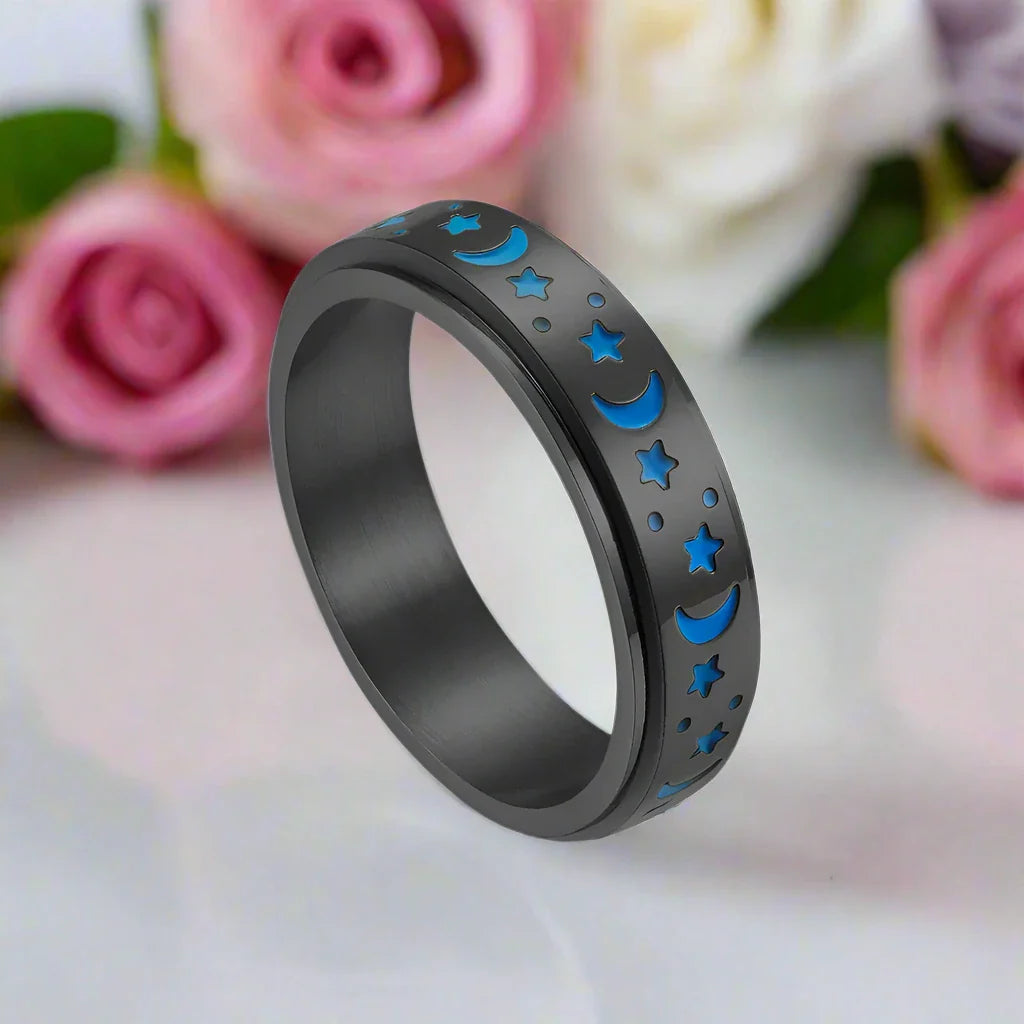 Star and Moon Titanium Steel Rotatable Luminous Ring