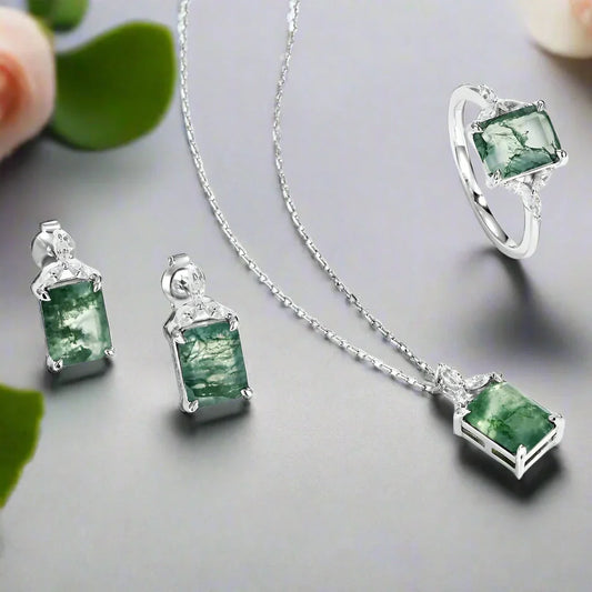 Unique Emerald Cut Natural Moss Agate Jewelry Set