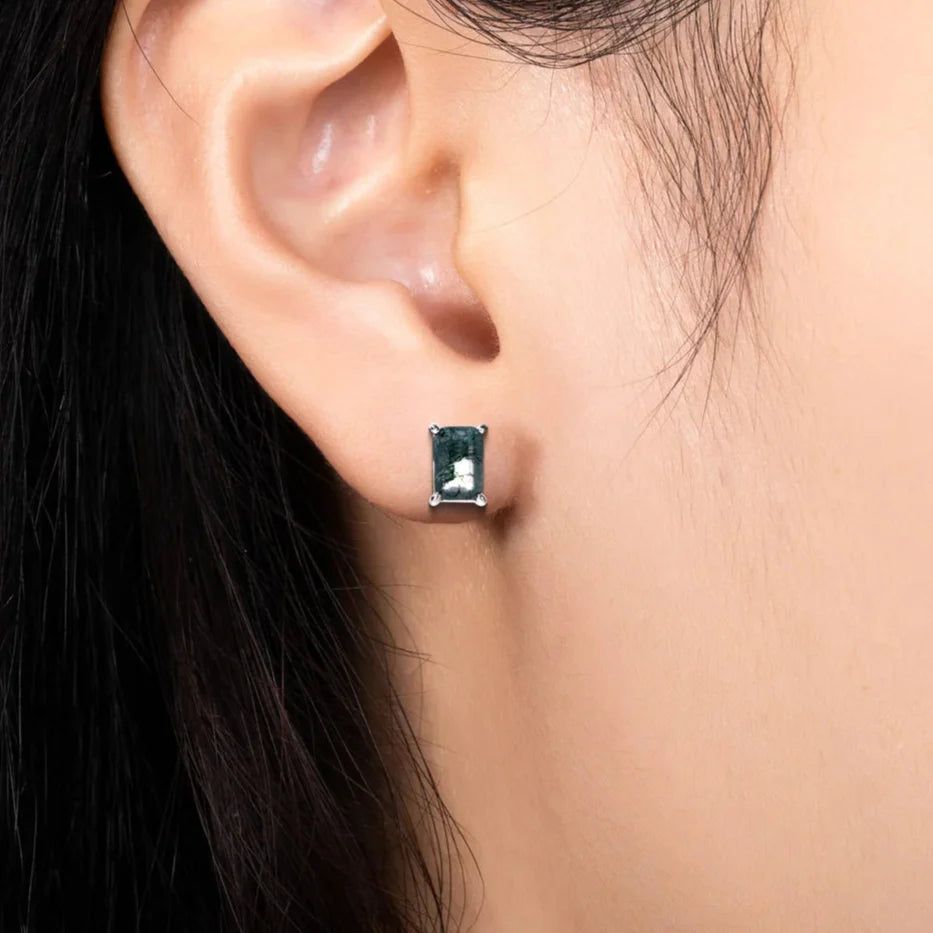 Emerald Cut Moss Agate Stud Earrings