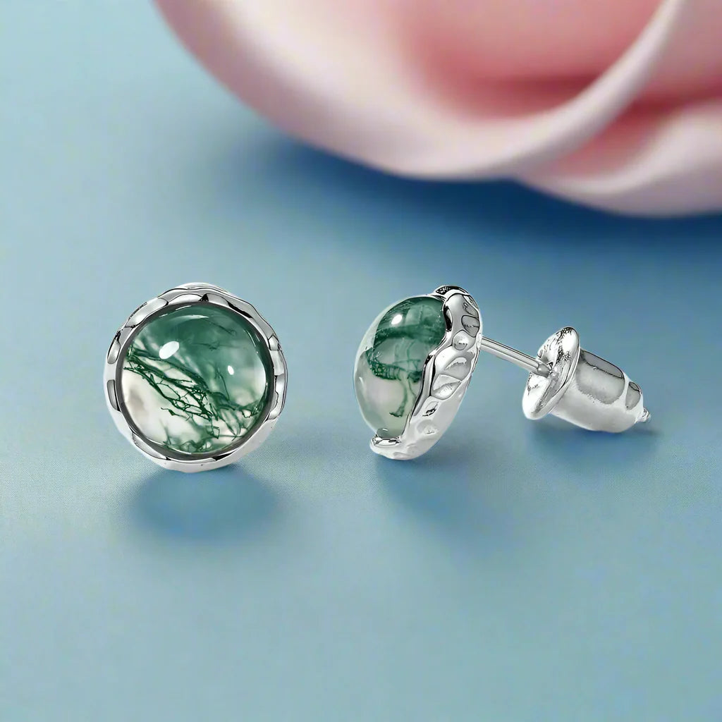 Round Moss Agate Classic Stud Earrings