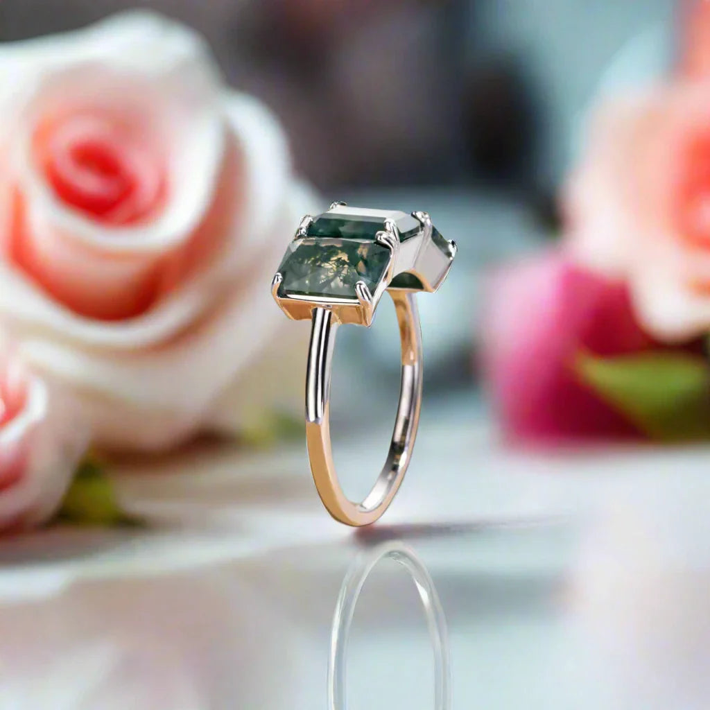 Three Stone Emerald Cut Moss Agate Ring
