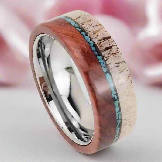 Redwood, Turquoise, and Deer Antler Inlay Tungsten Carbide Men's Ring