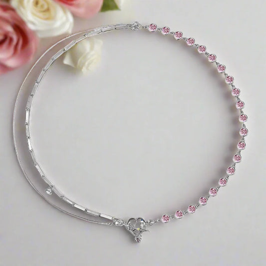 Pink Stone & Heart Shaped Molten Drop Necklace