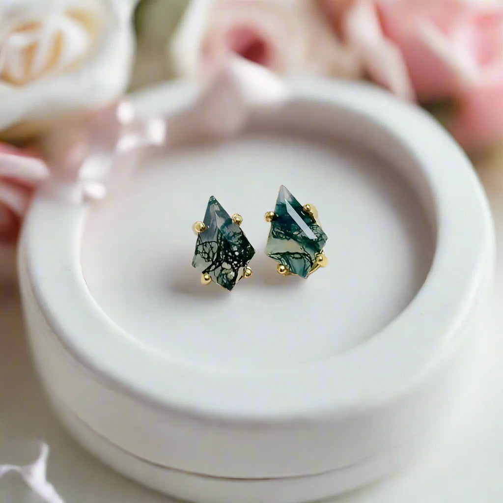 Kite Shaped Green Moss Agate Earrings