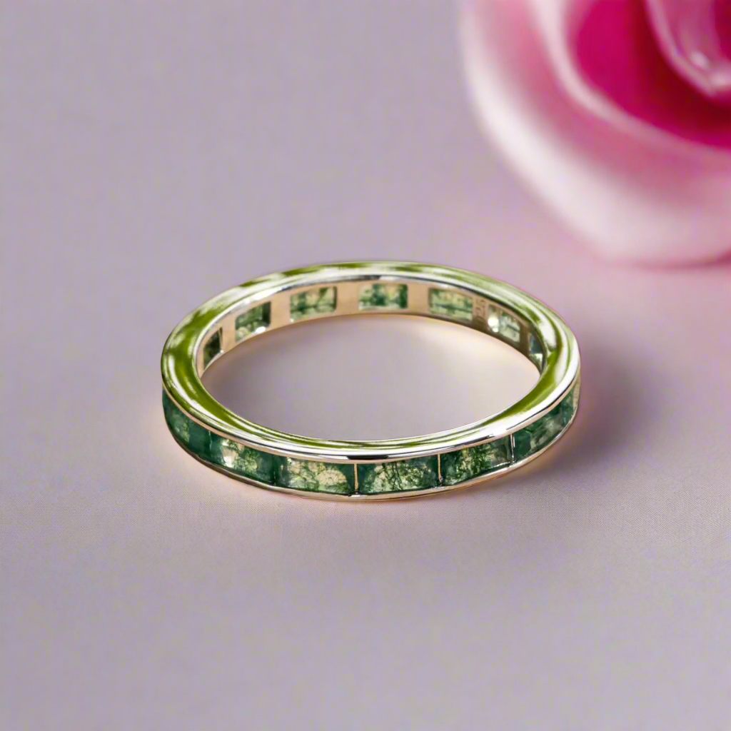 Eternity Emerald Cut Moss Agate Wedding Band
