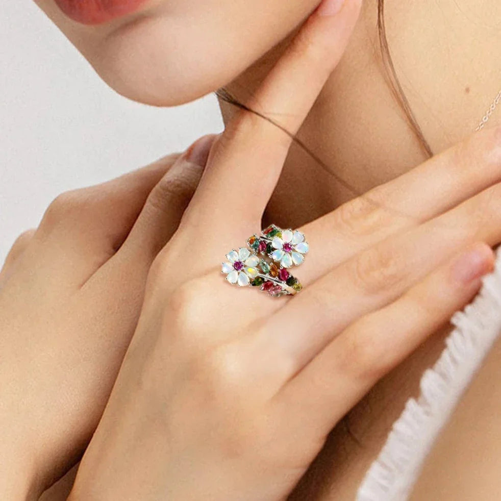 Opal & Tourmaline Gemstone Flower Ring