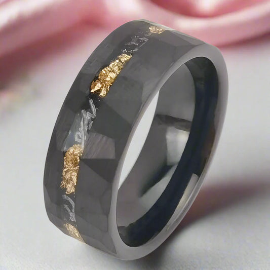 Meteorite Chip Gold Foil Inlay Hammer Tungsten Carbide Men's Ring