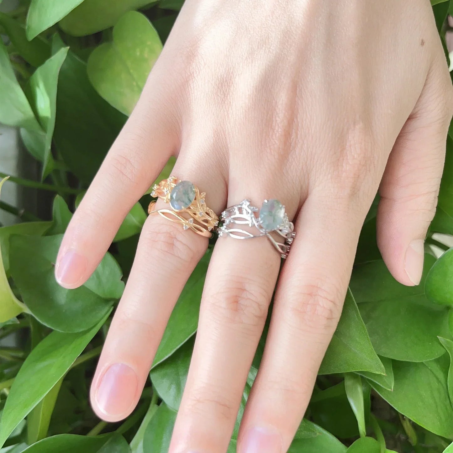 Oval-cut Moss Agate Leaf Design Ring Set
