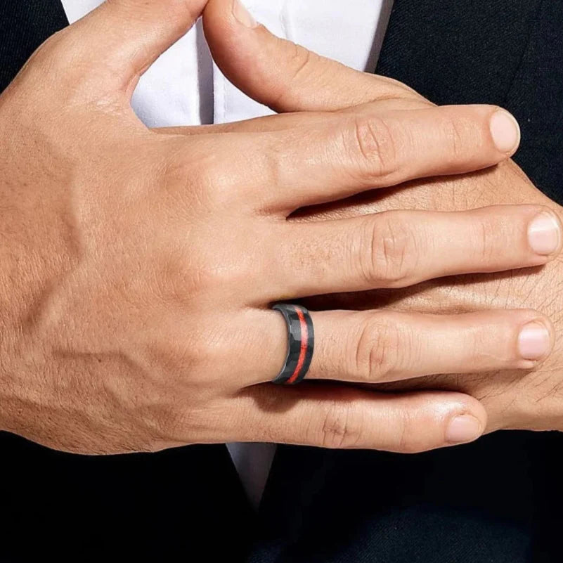 Brushed Matte Black Hammered Red Opal Inlay Tungsten Men's Ring