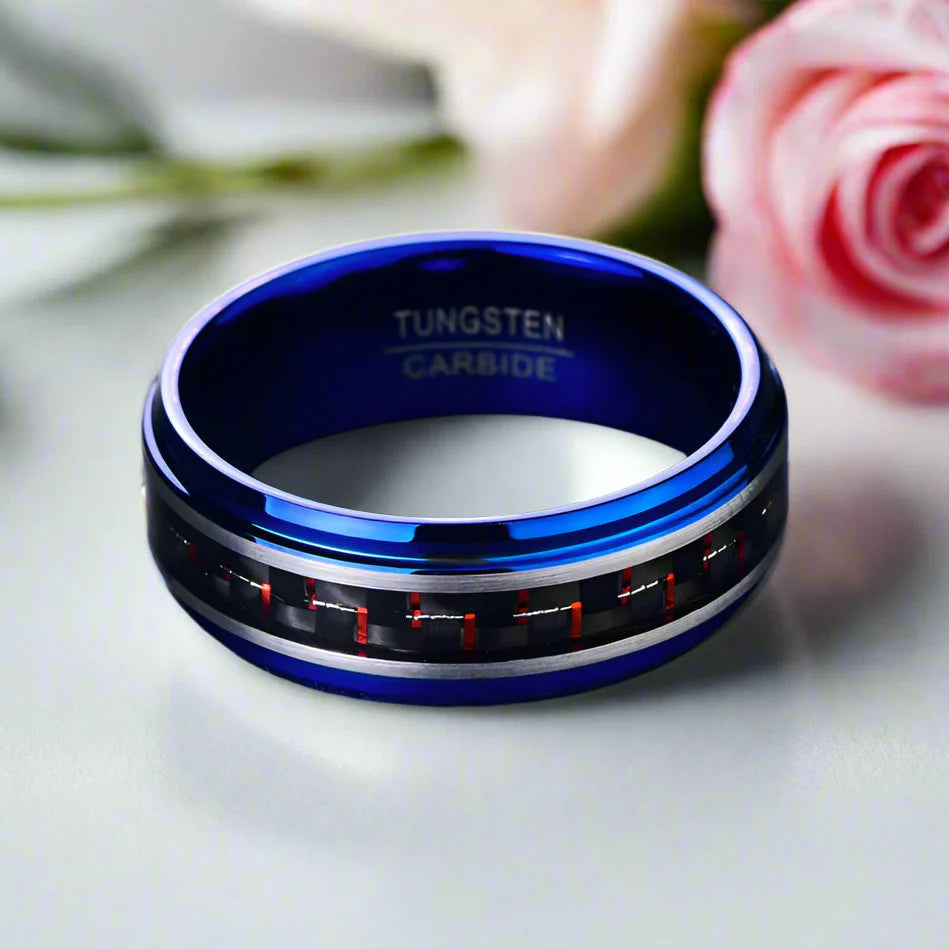 Blue Beveled Edge Tungsten Men's Ring with Red Carbon Fiber Inlay