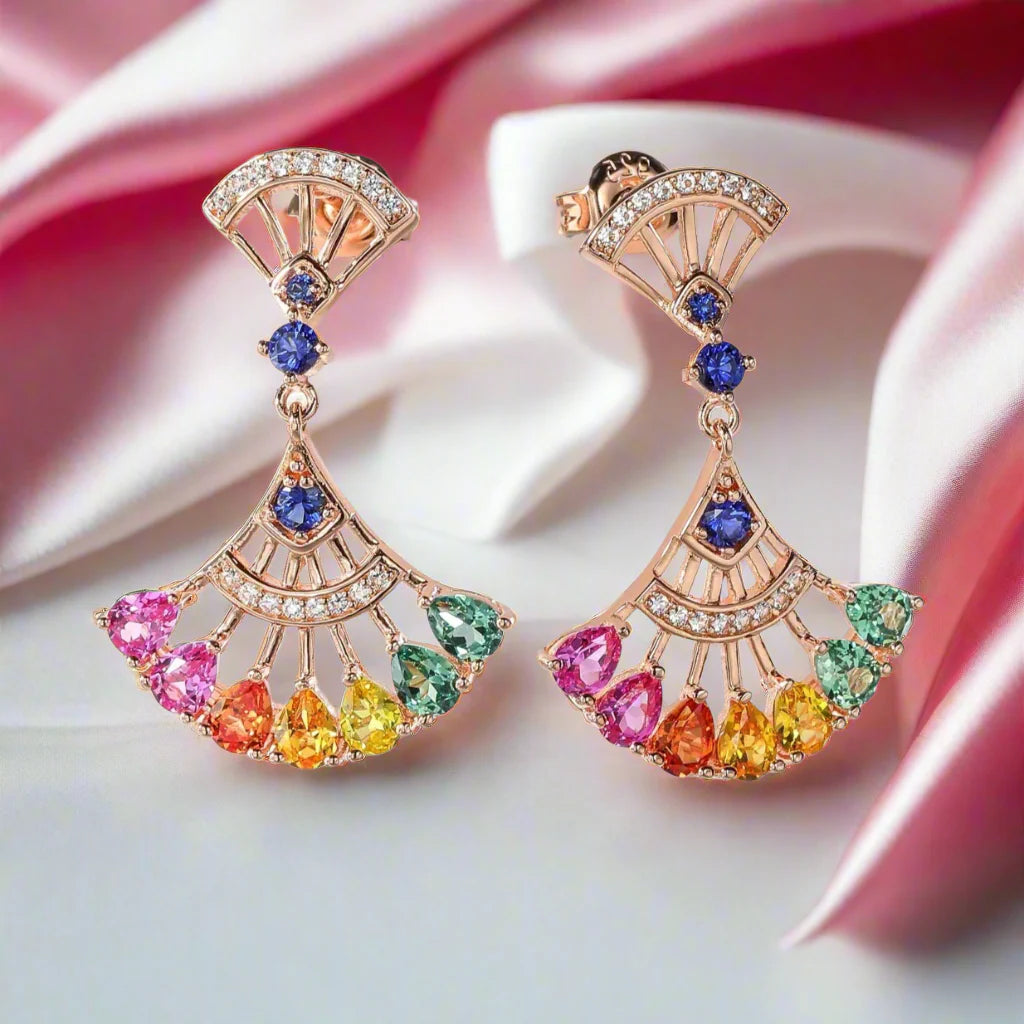 Pear-cut Natural Gemstone Fan-shaped Rose Gold Earrings