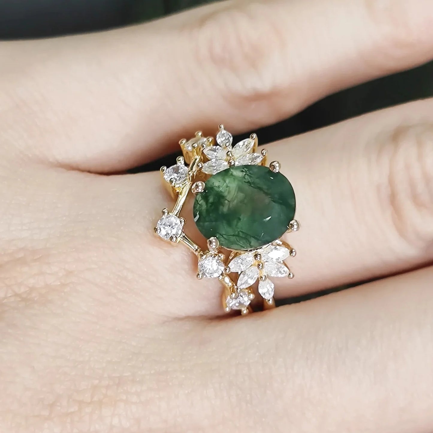 Vintage Green Moss Agate Art Deco Cluster Promise Ring Set