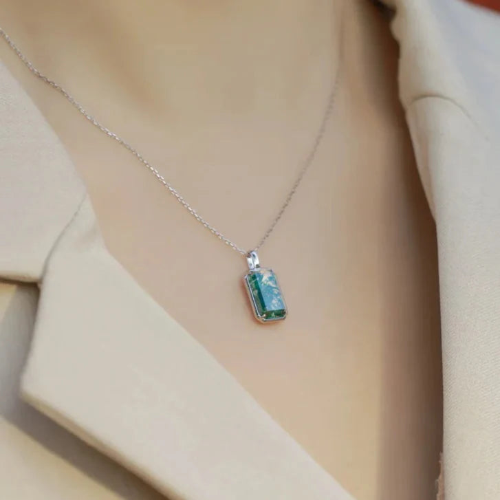 Emerald Cut Moss Agate Necklace