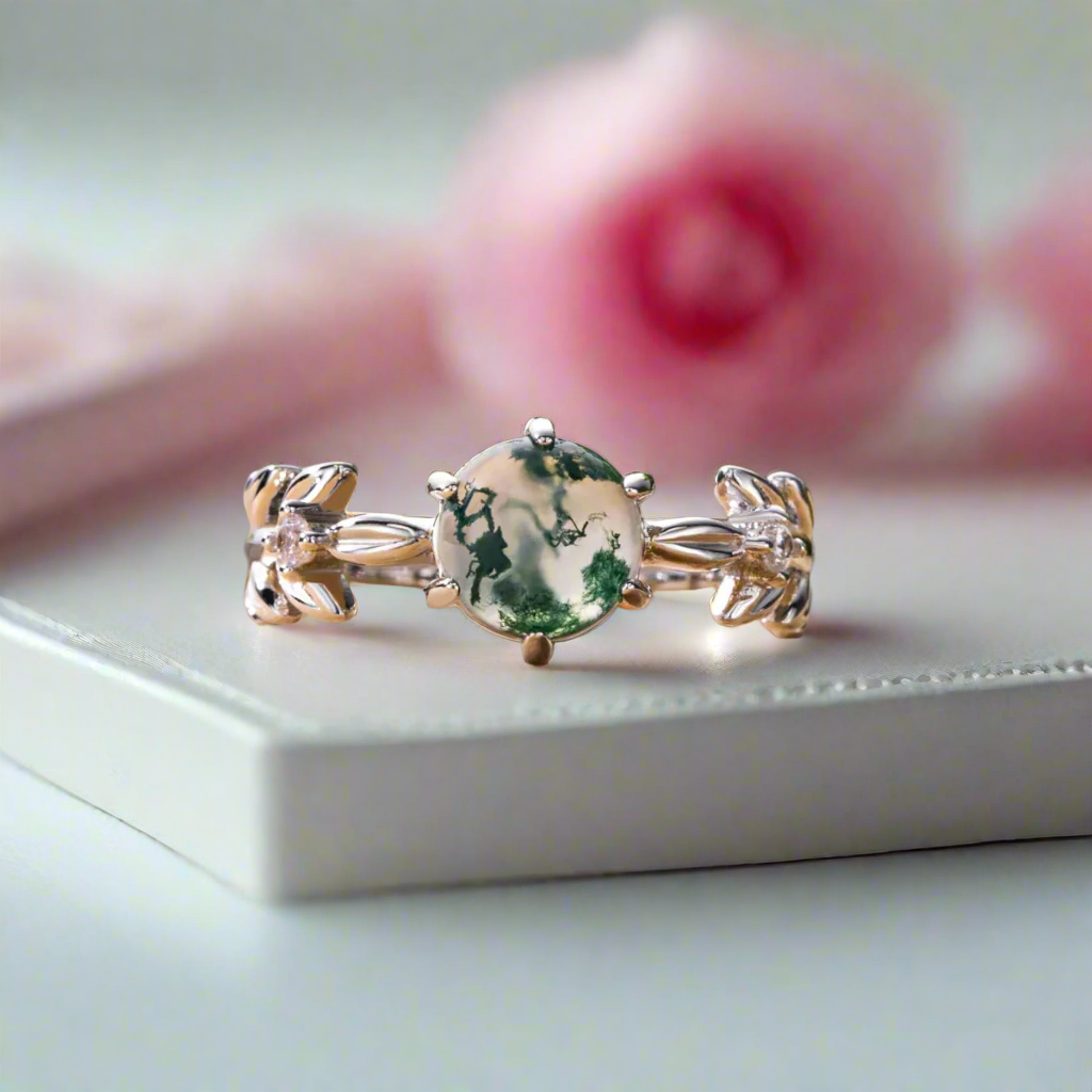 Round Cut Moss Agate Engagement Rings with Olive Branch Design