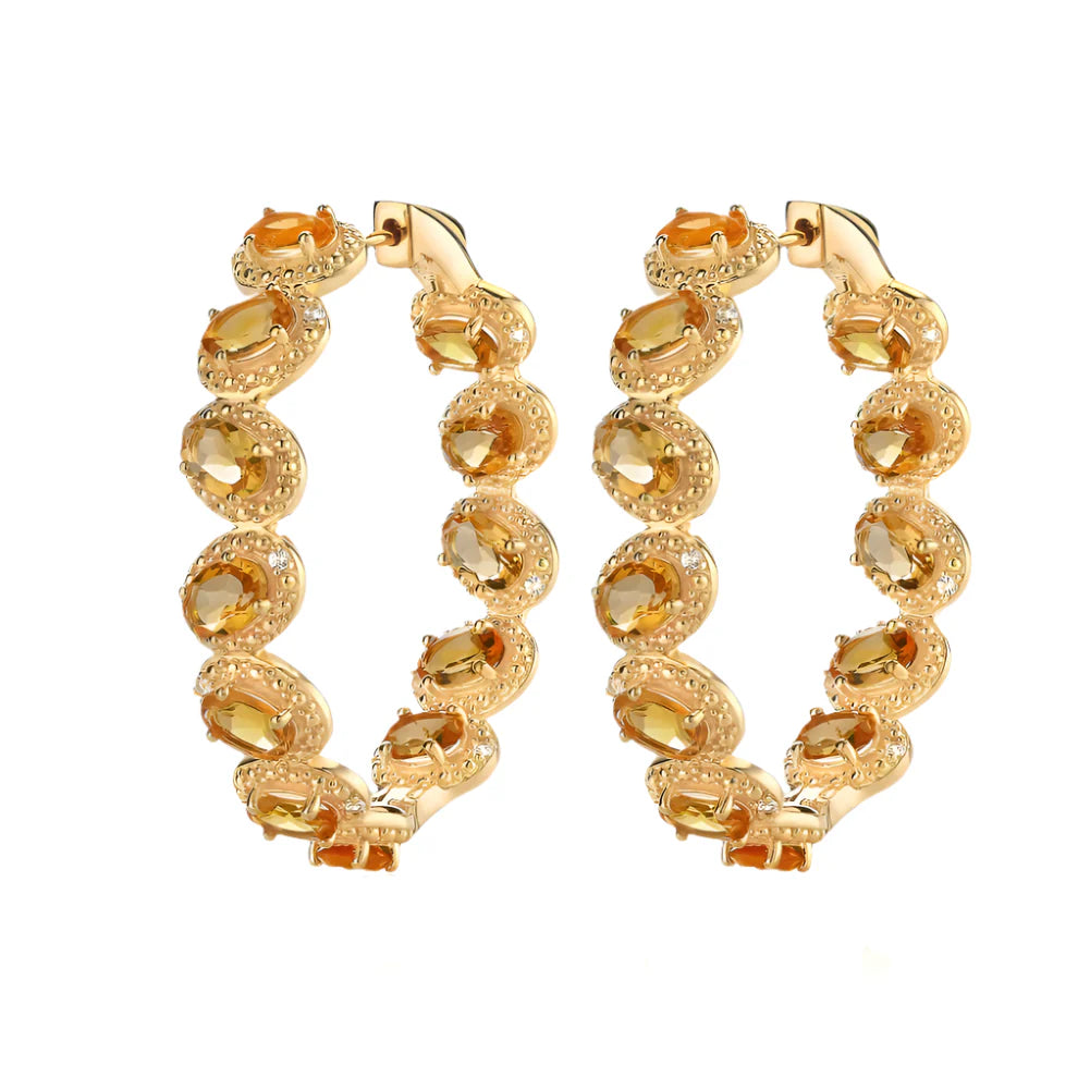 Oval-cut Natural Citrine Gemstone Vintage Hoop Earrings