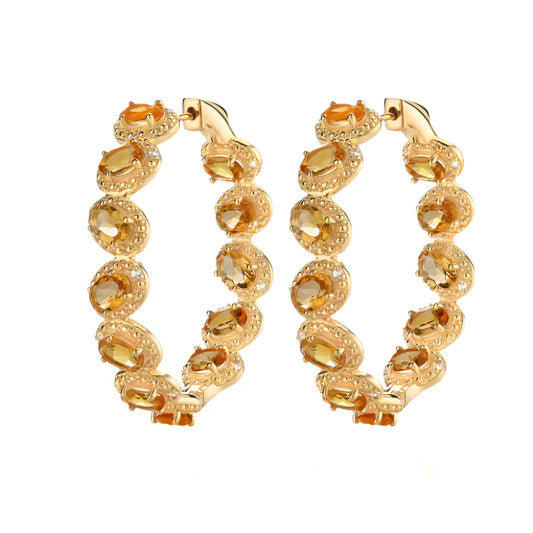 Oval-cut Natural Citrine Gemstone Vintage Hoop Earrings