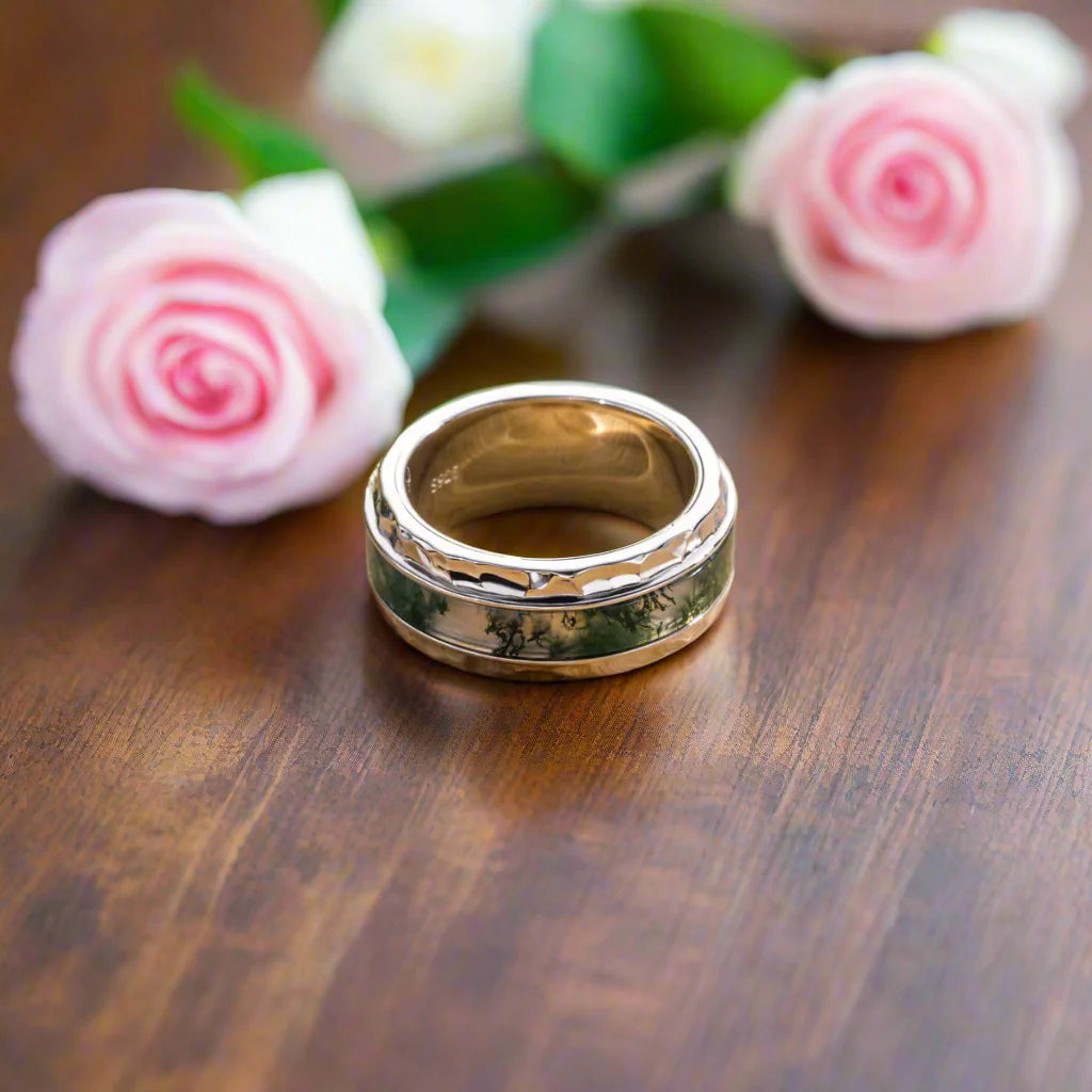 Moss Agate Hammered Wedding Band