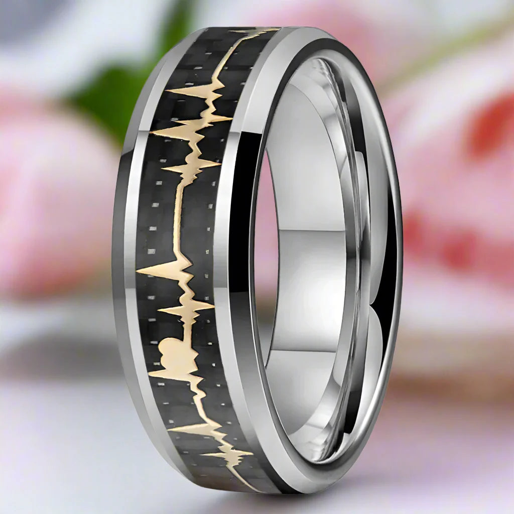 Heart Love Ring with Black Carbon Fiber Inlay Tungsten Men's Ring