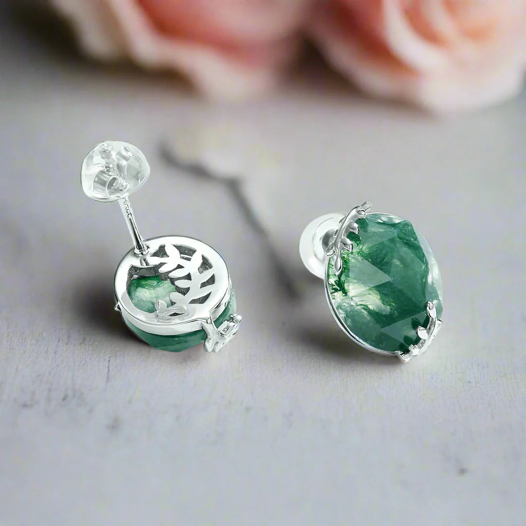 Elegant Natural Moss Agate Stud Earrings