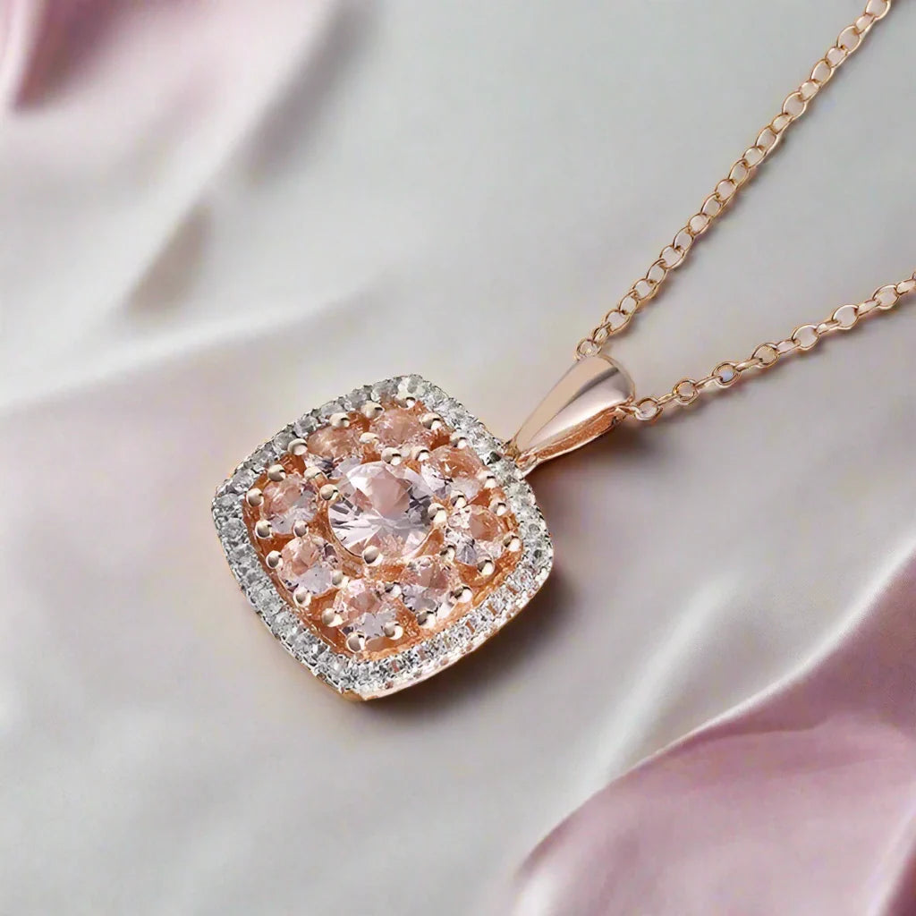 Round-cut Morganite Halo Rose Gold Necklace